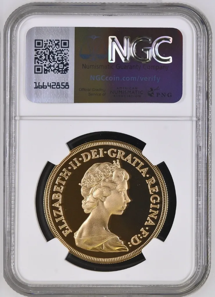 G.BRITAIN 5SOV 1984 Gold Proof £5 Sovereign - NGC PF70 Ultra Cameo - Rare Top Grade! NGC PF 70 ULTRA CAMEO - achterkant.webp