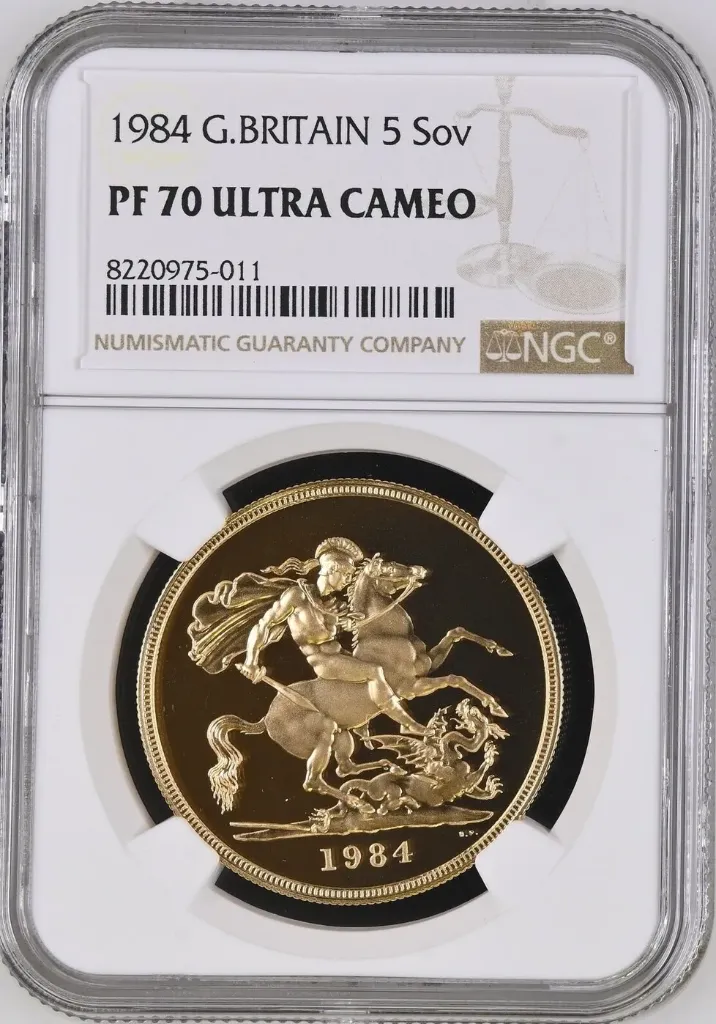 G.BRITAIN 5SOV 1984 Gold Proof £5 Sovereign - NGC PF70 Ultra Cameo - Rare Top Grade! NGC PF 70 ULTRA CAMEO