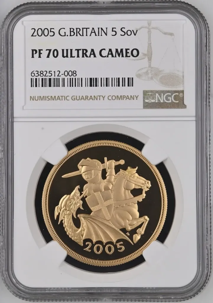 G.Britain 5SOV 2005 Gold Proof £5 Sovereign - NGC PF70 Ultra Cameo - Rare Timothy Noad Design! NGC PF 70 ULTRA CAMEO
